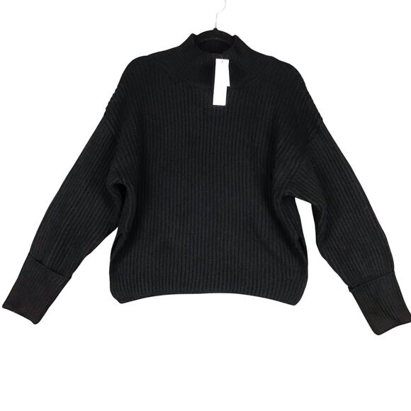 Topshop Black Mock Neck Ribbed Knit Sweater Small 4-6 Cropped Split Hem - Picture 1 of 11